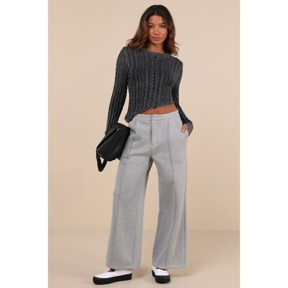 Lulus Poised Coziness Heather Grey Pintuck Wide-leg Sweatpant Trousers - Size L